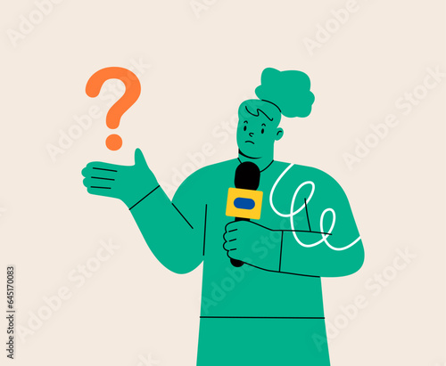 Woman holding microphone asking interview questions. Woman being curious asking for answers. Colorful vector illustration