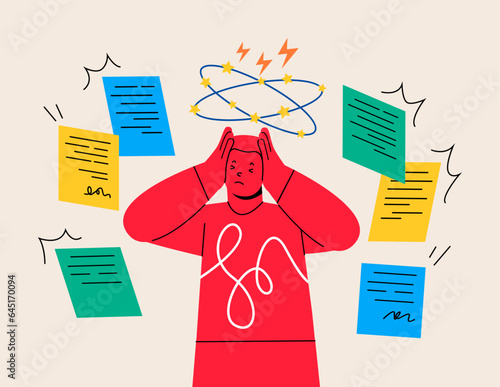 Sad man having dizzy symptoms. Job stress concept. Colorful vector illustration