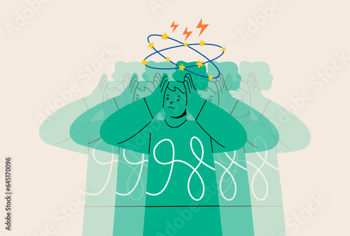 Sad woman having dizzy symptoms.  Dizziness concept. Colorful vector illustration