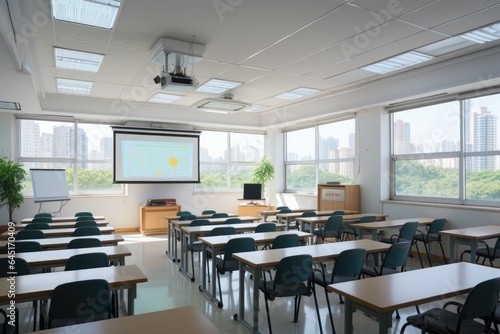 Empty Classroom with white floor. High school. Generative AI