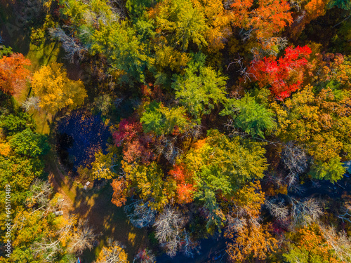 Furnace Brook top view with fall foliage in town of Kingston, Massachusetts MA, USA. 