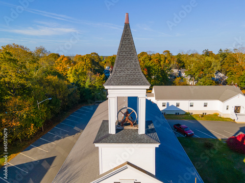 Mayflower Church with fall foliage aerial view at 207 Main Street, in historic town center of Kingston, Massachusetts MA, USA.