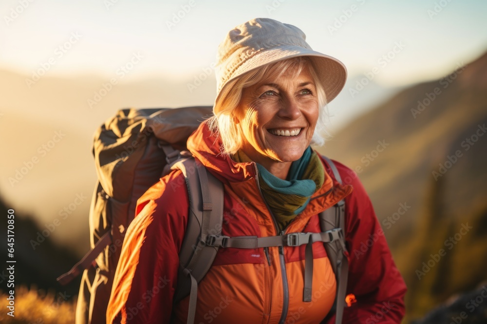 Smiling portrait of a happy senior woman hiker hiking in the forest and mountains Smiling portrait of a happy senior woman hiker hiking in the forest and mountains