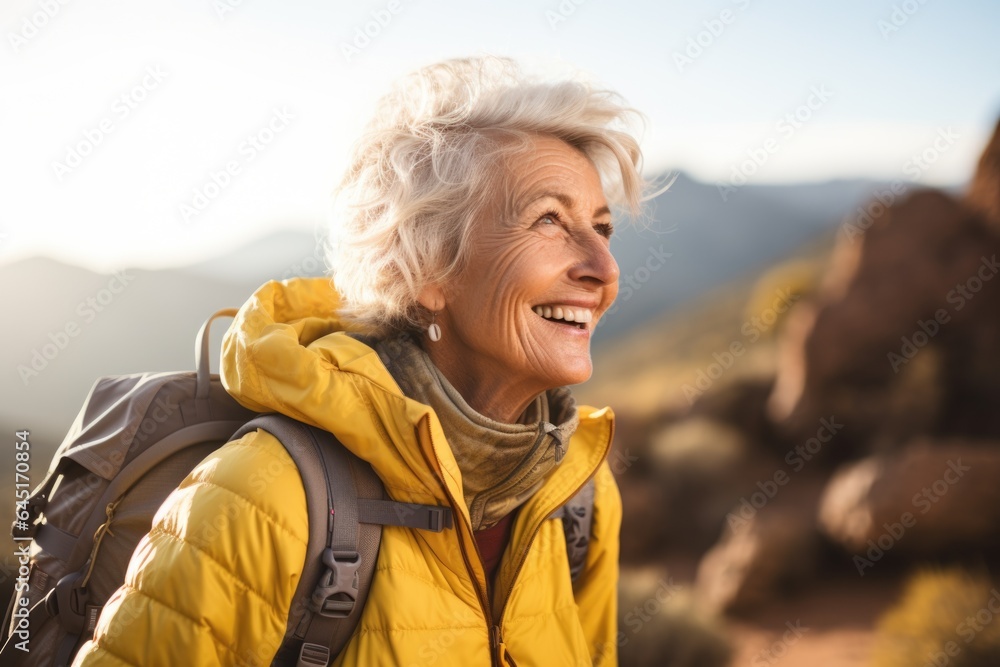 Smiling portrait of a happy senior woman hiker hiking in the forest and mountains Smiling portrait of a happy senior woman hiker hiking in the forest and mountains
