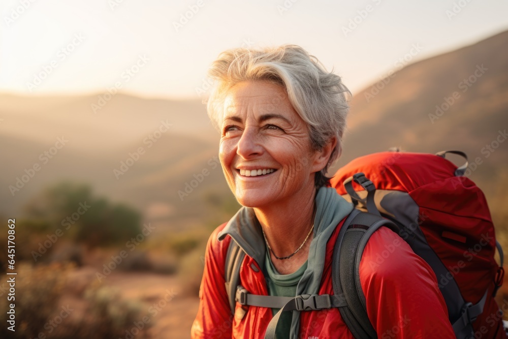 Smiling portrait of a happy senior woman hiker hiking in the forest and mountains Smiling portrait of a happy senior woman hiker hiking in the forest and mountains