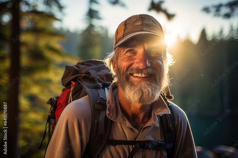 Smiling portrait of a happy senior man hiker hiking in the forests and mountains Smiling portrait of a happy senior man hiker hiking in the forests and mountains