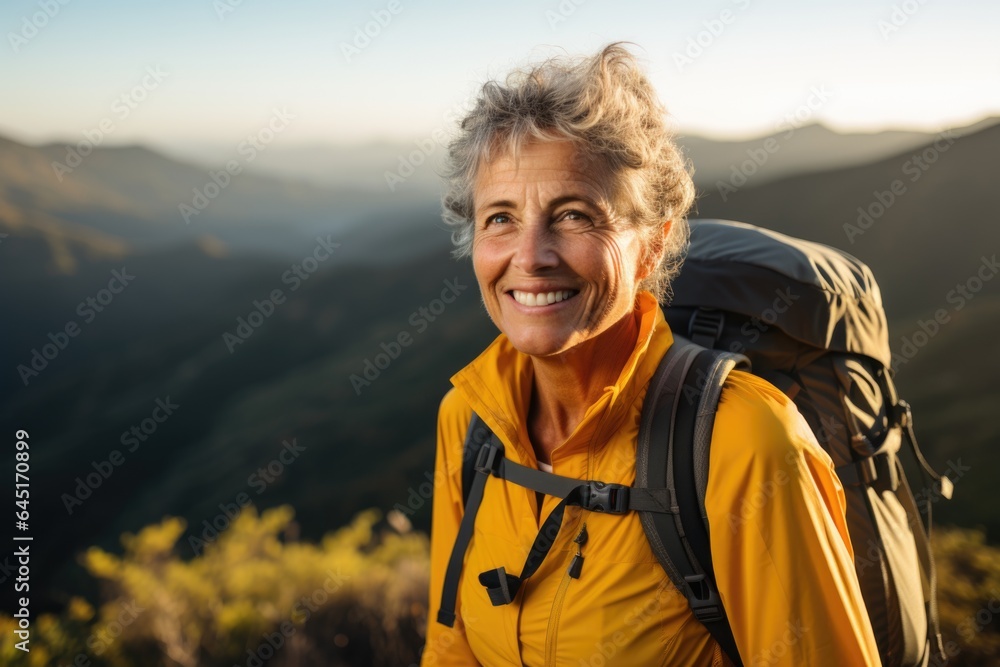 Smiling portrait of a happy senior woman hiker hiking in the forest and mountains