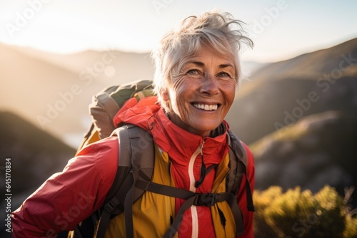 Smiling portrait of a happy senior woman hiker hiking in the forest and mountains