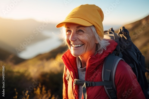 Smiling portrait of a happy senior woman hiker hiking in the forest and mountains