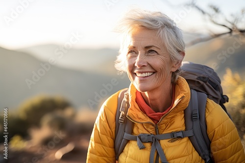 Smiling portrait of a happy senior woman hiker hiking in the forest and mountains © CojanAI