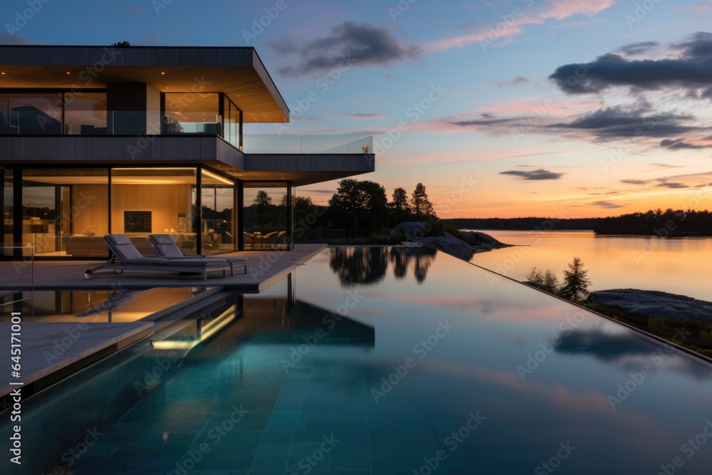 Fototapeta premium Modern luxury house or villa with an infinity pool overlooking a beatiful view of the ocean and sky