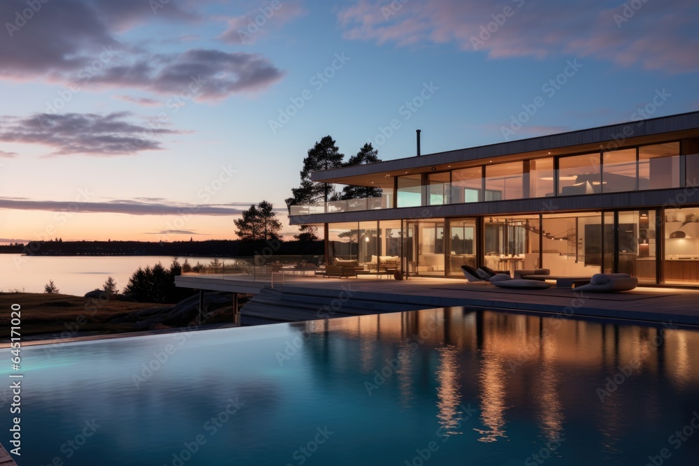 Naklejka premium Modern luxury house or villa with an infinity pool overlooking a beatiful view of the ocean and sky