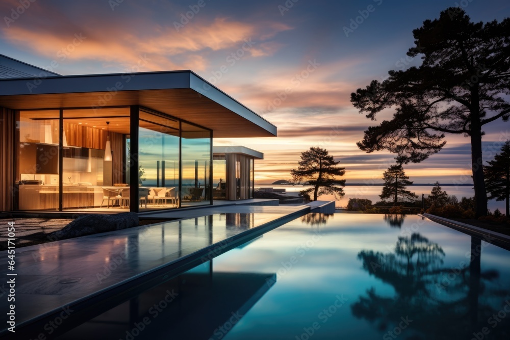 Modern luxury house or villa with an infinity pool overlooking a beatiful view of the ocean and sky