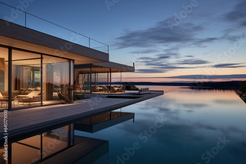 Modern luxury house or villa with an infinity pool overlooking a beatiful view of the ocean and sky