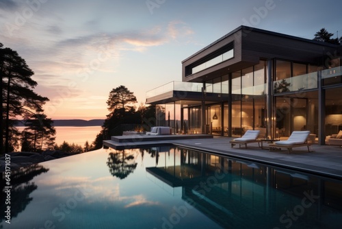 Modern luxury house or villa with an infinity pool overlooking a beatiful view of the ocean and sky