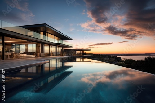 Modern luxury house or villa with an infinity pool overlooking a beatiful view of the ocean and sky © CojanAI