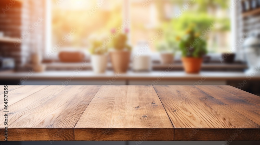 Wooden table in front of blurred sunny kitchen interior background