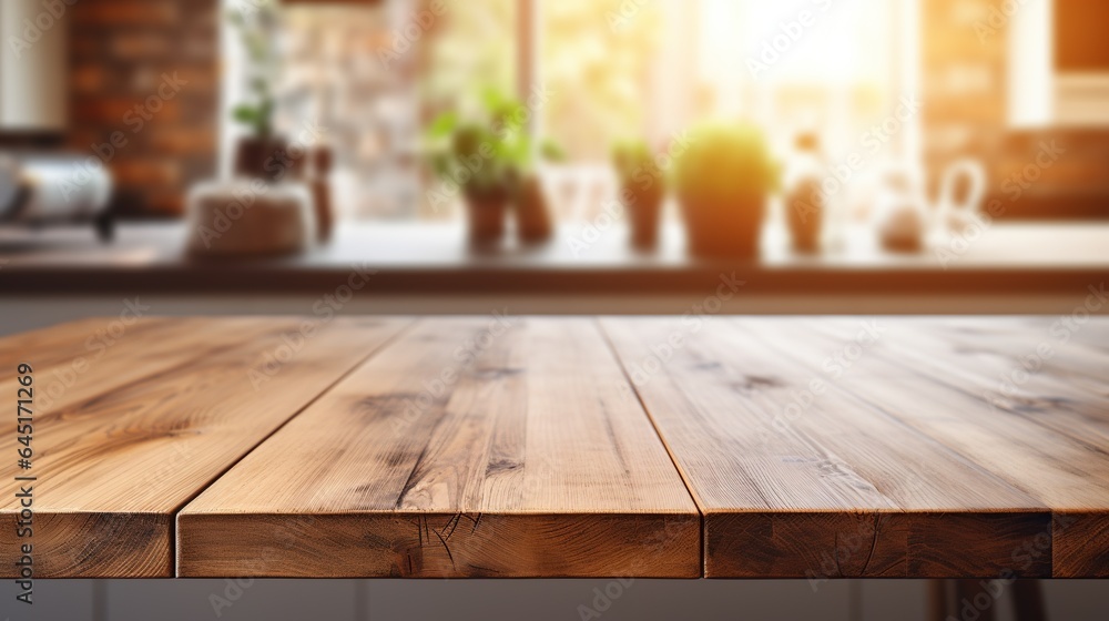 Wooden table in front of blurred sunny kitchen interior background