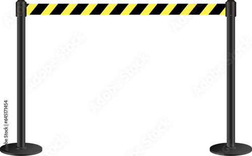 Realistic retractable belt stanchion. Crowd control barrier posts with caution strap. Queue lines. Restriction border and danger tape.