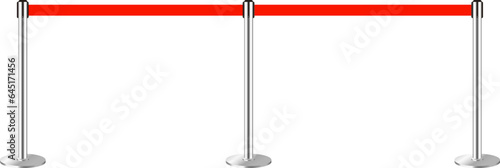 Realistic retractable belt stanchion. Crowd control barrier posts with caution strap. Queue lines. Restriction border and danger tape.