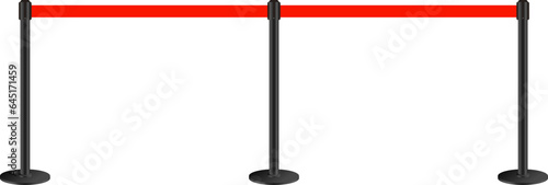 Realistic retractable belt stanchion. Crowd control barrier posts with caution strap. Queue lines. Restriction border and danger tape.