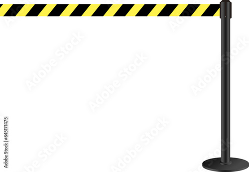 Realistic retractable belt stanchion. Crowd control barrier posts with caution strap. Queue lines. Restriction border and danger tape.