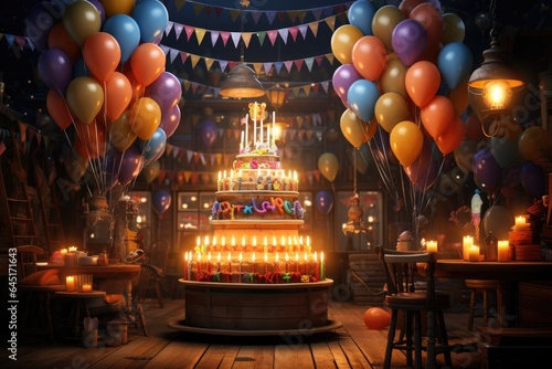 Happy birthday cake and decorate with colourful balloon. Generative AI