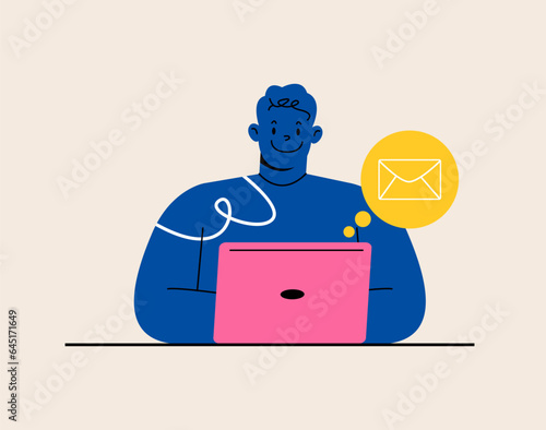 Man checking email on computer. Colorful vector illustration