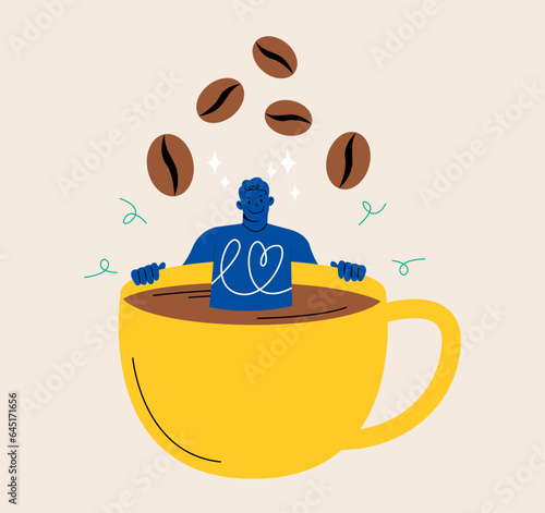 Man relaxing during break in coffee cup. Coffee time, break, relaxation, travel, vacation and holiday. Colorful vector illustration