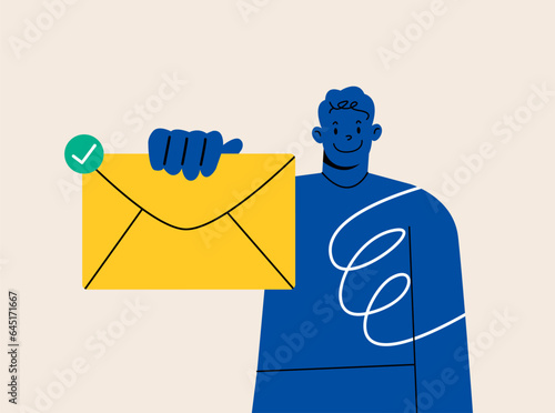 Delivery of the letter. Happy man or manager holding closed letter in his hand. Colorful vector illustration