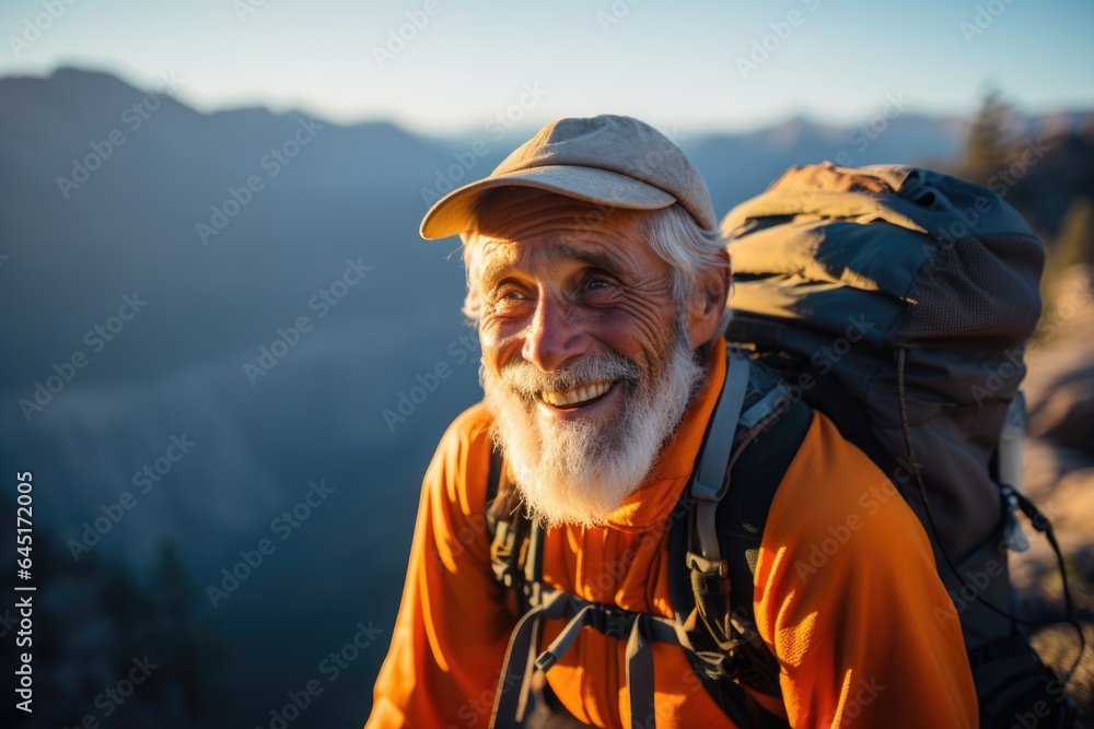 Smiling portrait of a happy senior man hiker hiking in the forests and mountains Smiling portrait of a happy senior man hiker hiking in the forests and mountains