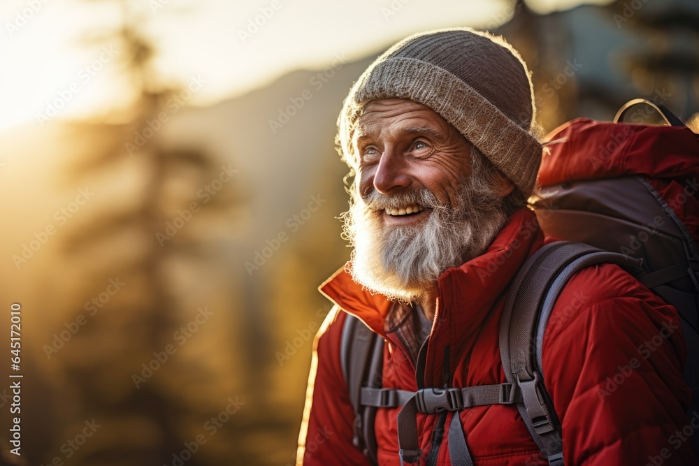 Smiling portrait of a happy senior man hiker hiking in the forests and mountains