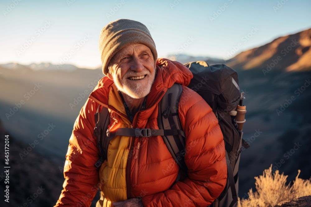 Smiling portrait of a happy senior man hiker hiking in the forests and mountains Smiling portrait of a happy senior man hiker hiking in the forests and mountains
