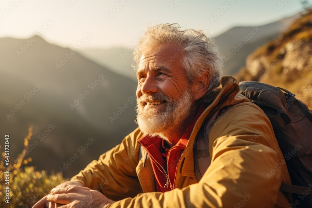 Smiling portrait of a happy senior man hiker hiking in the forests and mountains Smiling portrait of a happy senior man hiker hiking in the forests and mountains