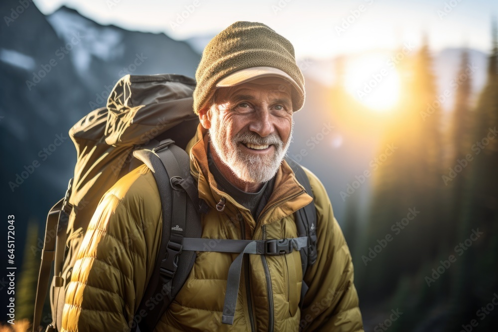 Smiling portrait of a happy senior man hiker hiking in the forests and mountains