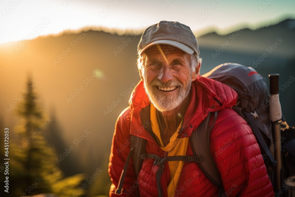 Smiling portrait of a happy senior man hiker hiking in the forests and mountains Smiling portrait of a happy senior man hiker hiking in the forests and mountains
