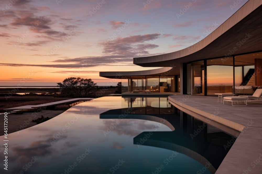 Fototapeta premium Modern luxury house or villa with an infinity pool overlooking a beatiful view of the ocean and sky