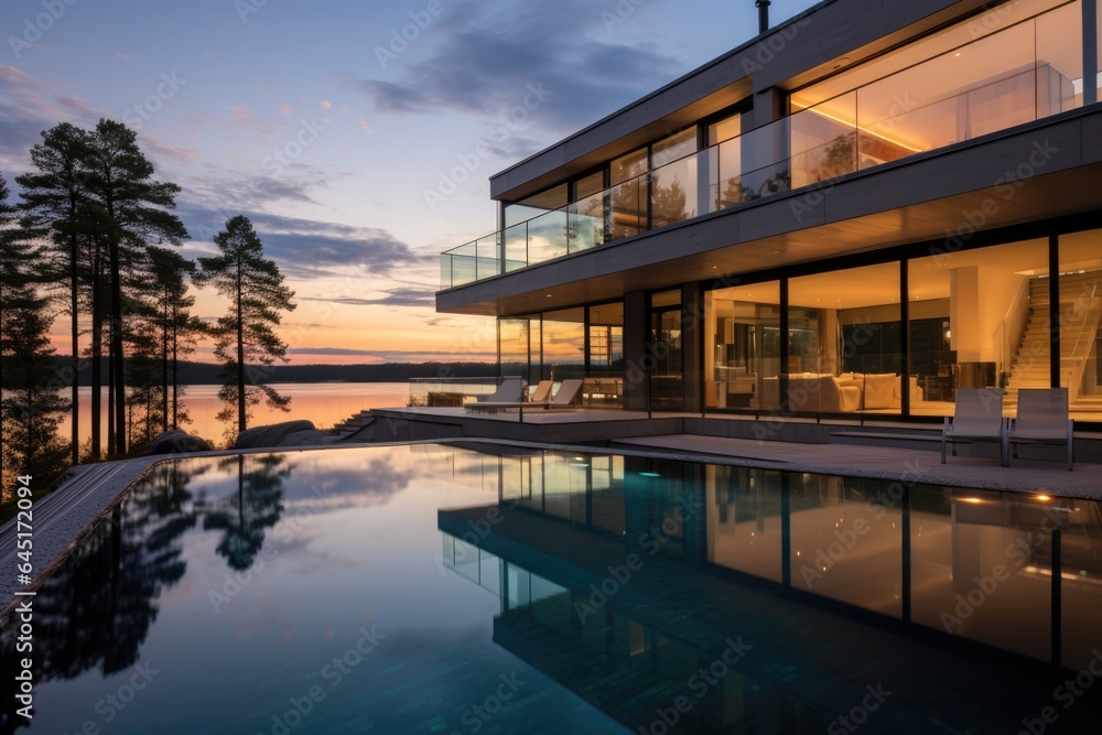 Obraz premium Modern luxury house or villa with an infinity pool overlooking a beatiful view of the ocean and sky