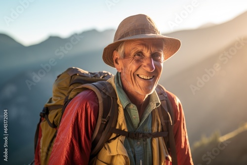 Smiling portrait of a happy senior man hiker hiking in the forests and mountains