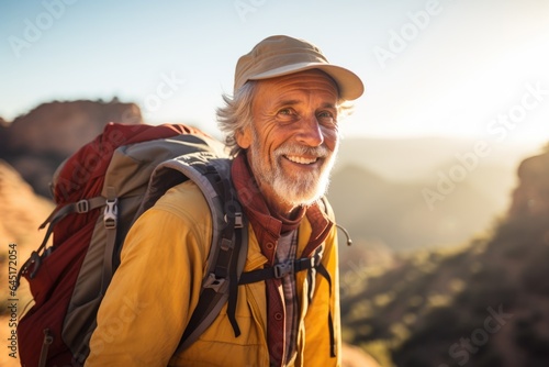 Smiling portrait of a happy senior man hiker hiking in the forests and mountains