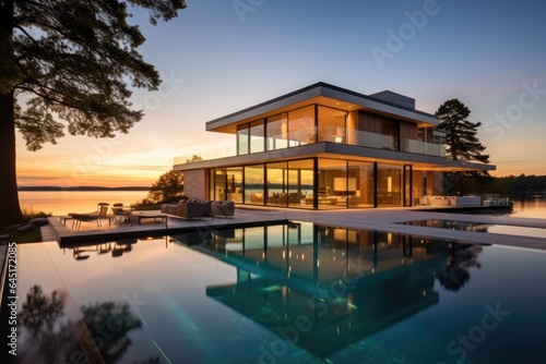 Modern luxury house or villa with an infinity pool overlooking a beatiful view of the ocean and sky © Baba Images