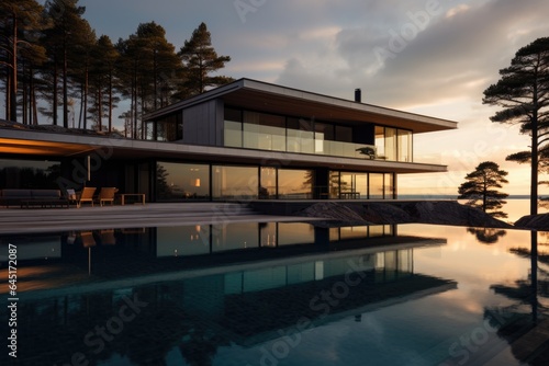 Modern luxury house or villa with an infinity pool overlooking a beatiful view of the ocean and sky © Baba Images