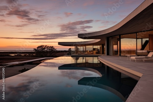 Modern luxury house or villa with an infinity pool overlooking a beatiful view of the ocean and sky © Baba Images