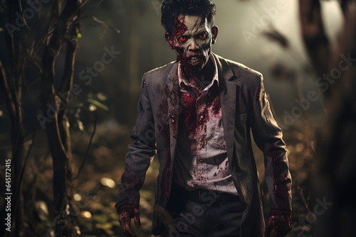 portrait of zombie asian man wearing business suit in woods