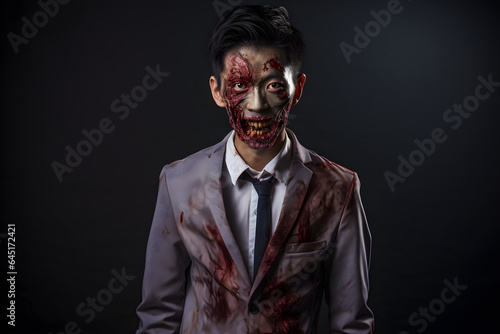 studio portrait of zombie asian man wearing business suit
