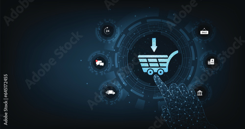 Online business and Internet trading concept. A virtual image cart on a dark blue background conveys purchasing products and services via the Internet.	