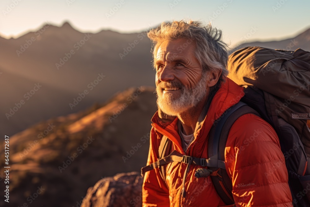 Smiling portrait of a happy senior man hiker hiking in the forests and mountains Smiling portrait of a happy senior man hiker hiking in the forests and mountains