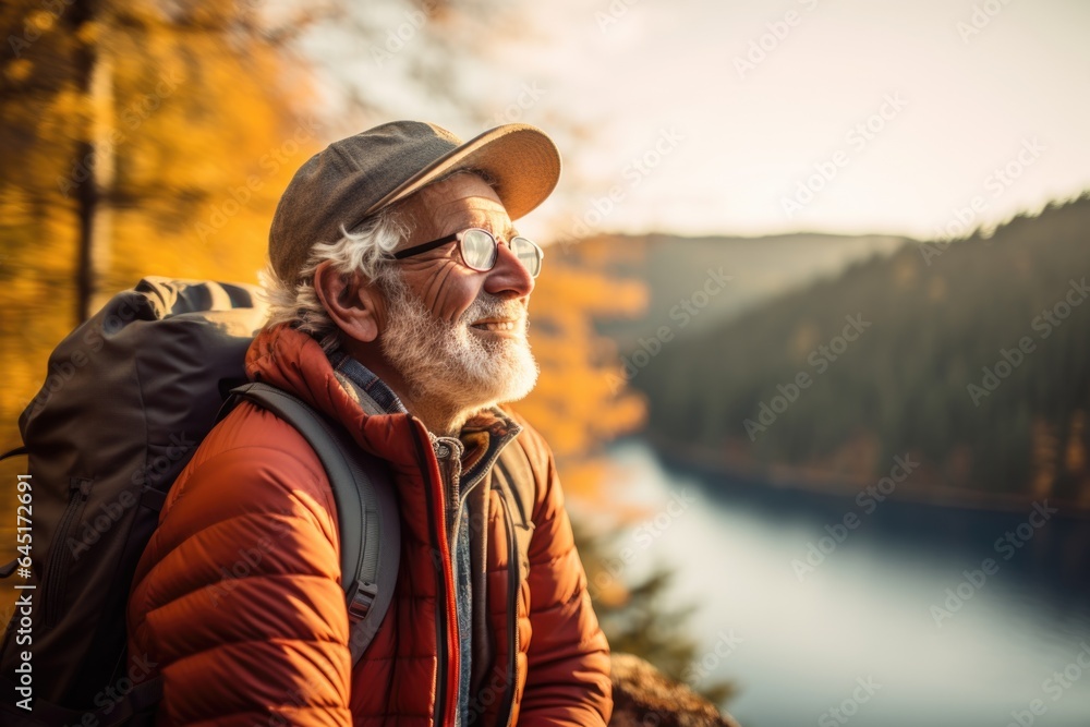 Smiling portrait of a happy senior man hiker hiking in the forests and mountains