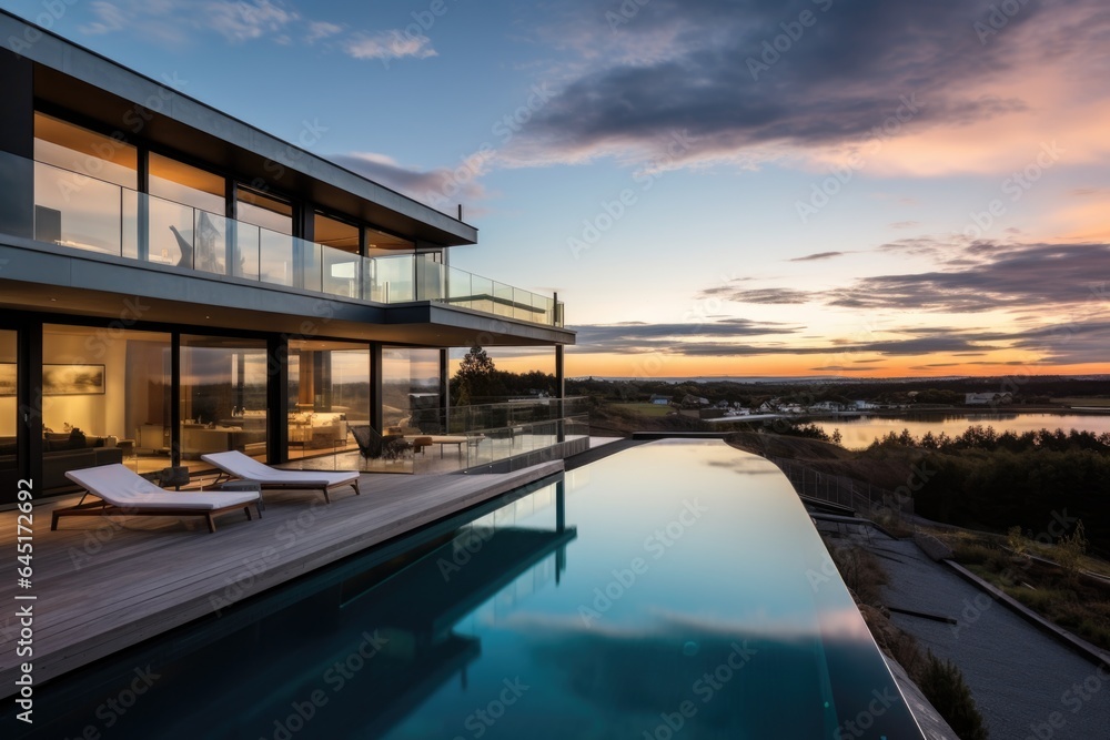 Fototapeta premium Modern luxury house or villa with an infinity pool overlooking a beatiful view of the ocean and sky