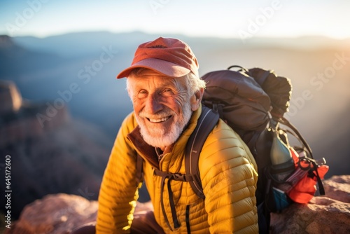 Smiling portrait of a happy senior man hiker hiking in the forests and mountains